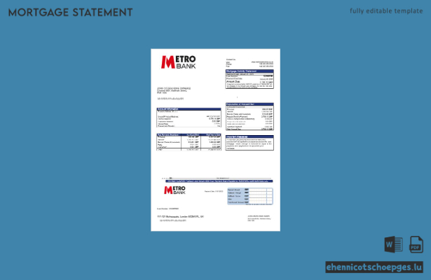 Hypothekenabrechnung der Metro Bank in Großbritannien (Word- und PDF-Format, Beispielvorschau)